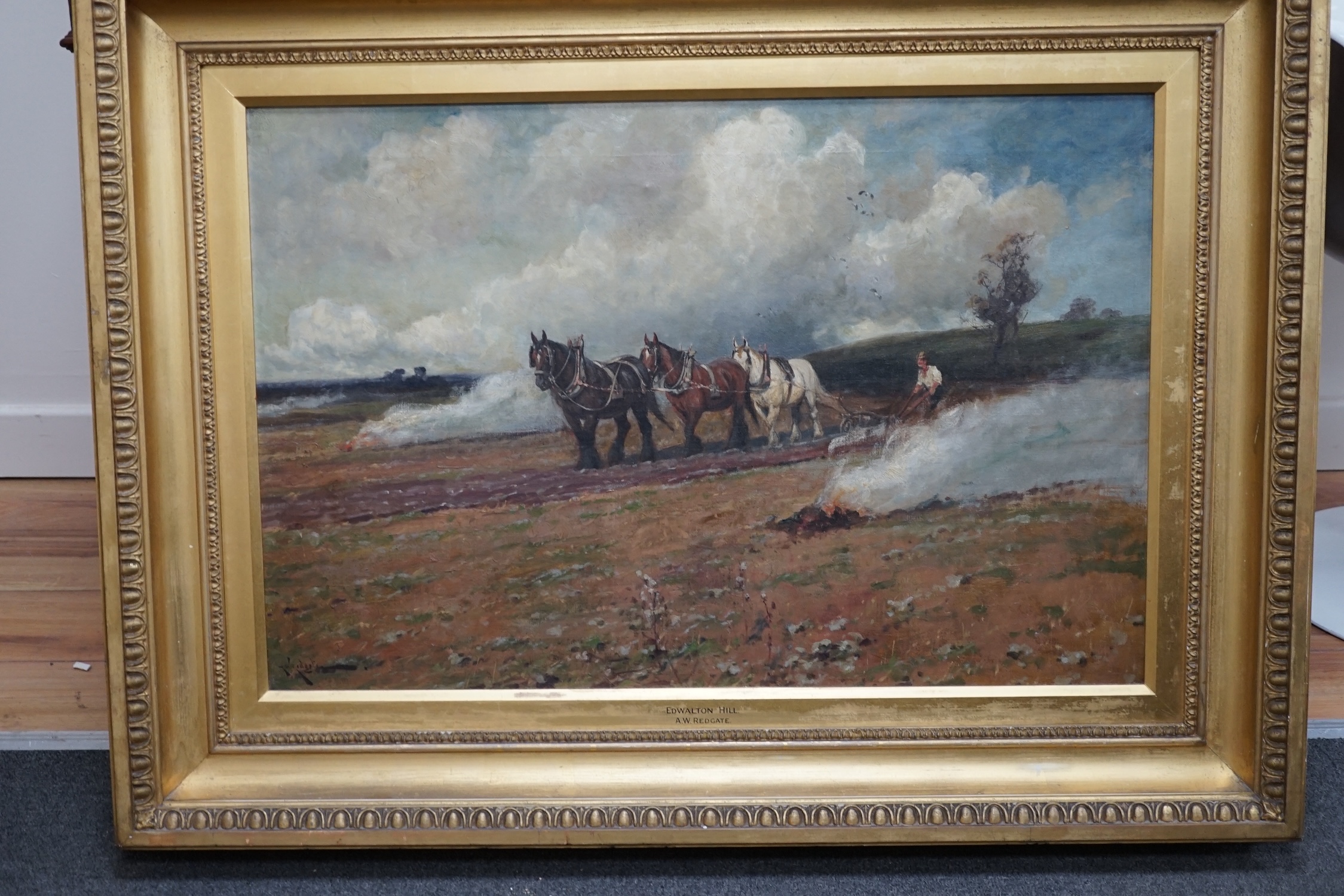 Arthur Walker Redgate, oil on canvas, Plough horses, signed, inscribed Edwalton Hill to the mount, 49 x 75cm, ornate gilt framed. Condition - good